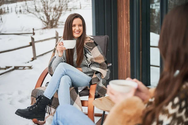 Young Women Enjoying Winter Weekends Terrace Contemporary Barn House Mountains — Stockfoto