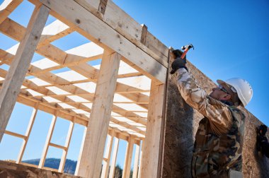 Marangoz, OSB panelinin duvarına çivi çakıyor. Ahşap çerçeve inşa eden bir işçi. Marangozluk ve inşaat konsepti.
