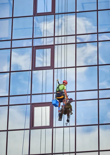 Průmyslový Horolezecký Dělník Myje Skleněná Okna Výškových Budovách Zavěšených Bezpečnostních — Stock fotografie