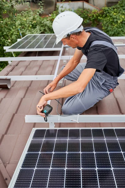 Man Measuring Photovoltaic Solar Panels Tape Measure Male Worker Taking — Stock Photo, Image