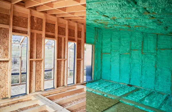 Colagem Fotos Antes Depois Sala Isolamento Térmico Casa Quadro Madeira — Fotografia de Stock