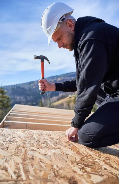 Carpenter Hammering Nail Osb Panel Roof Top Future Cottage Man — Foto Stock