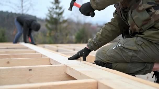 Man Arbetare Bygga Trä Ram Hus Snickare Hamrar Spik Träplanka — Stockvideo