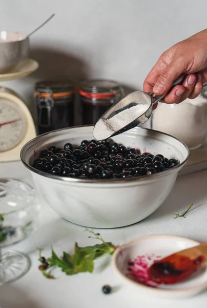 Tangan womans menambahkan gula ke blackberry saat membuat selai — Stok Foto