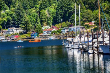 Beyaz yelkenli yat limanı kayık yansıma gig harbor washington st