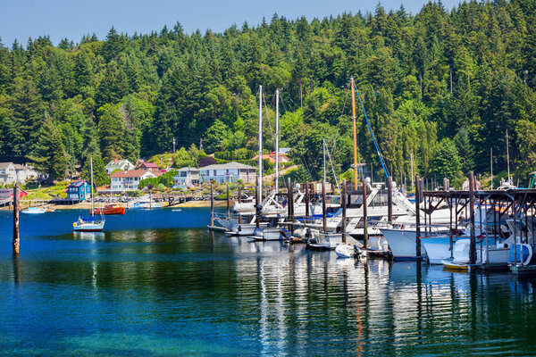 Белые катера Marina Reflection Gig Harbor Washington State
