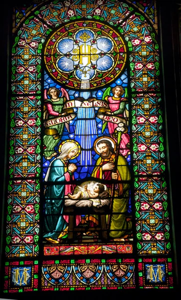 Glasmalerei Krippe Baby Jesus Maria Kloster montserrat — Stockfoto