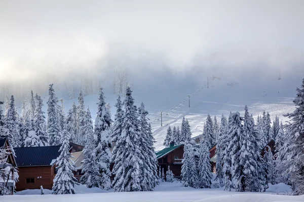 SKIS onder de mist stoeltjesliften op snoqualme pass washington — Stockfoto