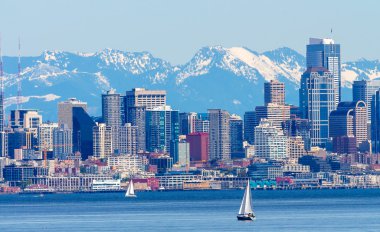 Seattle Skyline Sailboats Puget Sound Cascade Mountains Washingt clipart