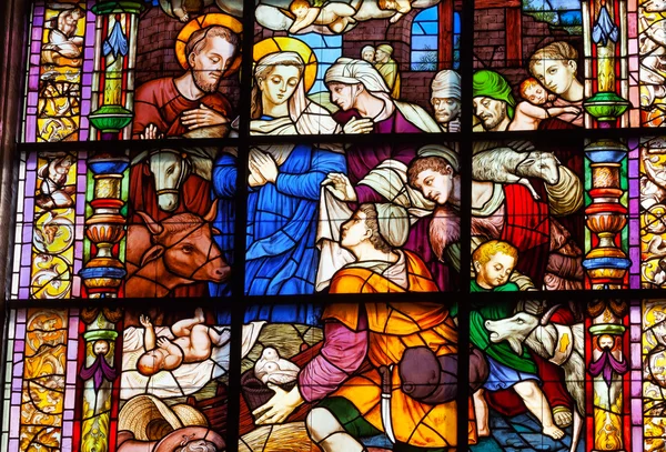 Natividade Mary Joseph bebê Jesus manchado Catedral de vidro de Saint — Fotografia de Stock