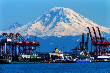 Seattle bağlantı noktası ile kırmızı Vinçler ve gemi ile mt rainier ba