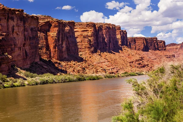 Colorado River Rock Canyon Riflessione Verde Erba Fuori Archi — Foto Stock