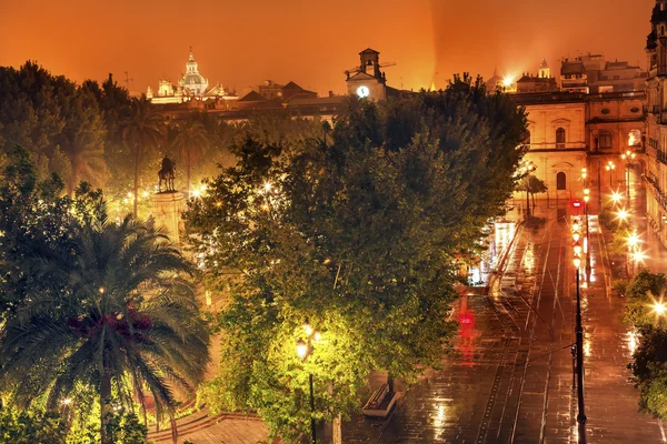 Plaza Nueva Ferdinand Estátua Rainy Night Church El Salvador Sevi — Fotografia de Stock