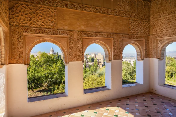 Alhambra Moorish Wall Designs City View Granada Andalusia Spain — Stock Photo, Image