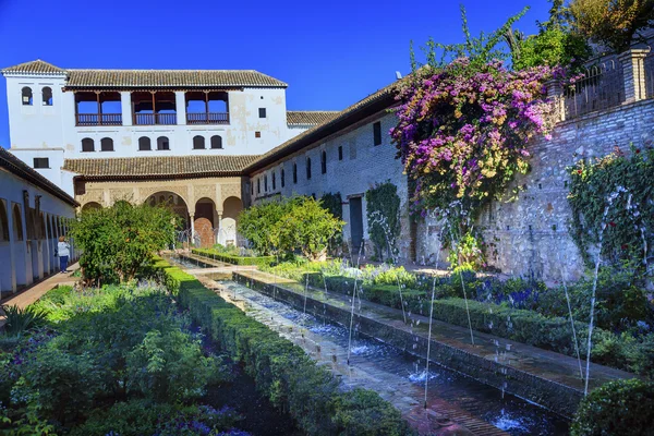 Allgemeines Leben weißer Palast Brunnen Blumen Garten Alhambra Granat — Stockfoto