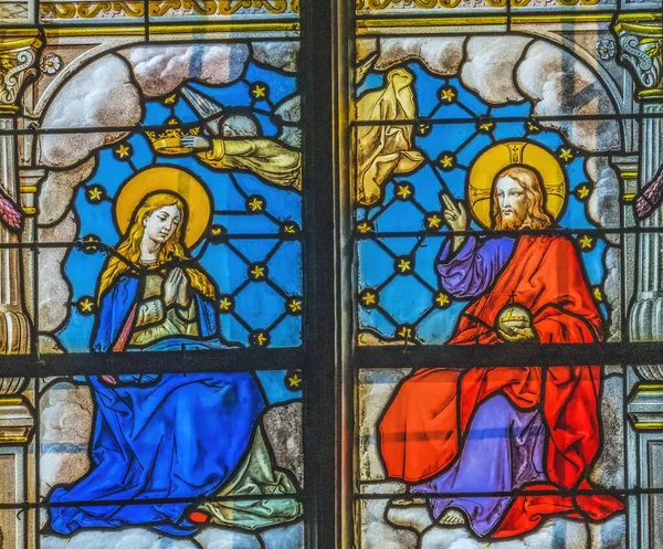 Jezus Koronacja Maryi Witraż Bazylika Stary Drewniany Kościół Katarzyny Honfluer — Zdjęcie stockowe