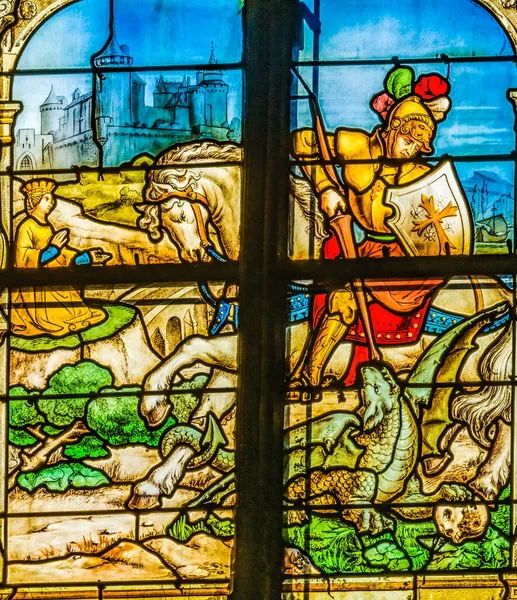 Arcanjo Saint Michael Dragão Manchado Vidro Basílica Madeira Antiga Igreja — Fotografia de Stock