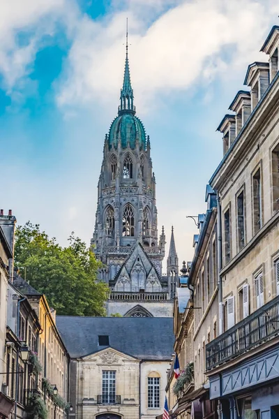 Tiendas Callejeras Torre Restuarants Fuera Catedral Bayeux Iglesia Nuestra Señora — Foto de Stock