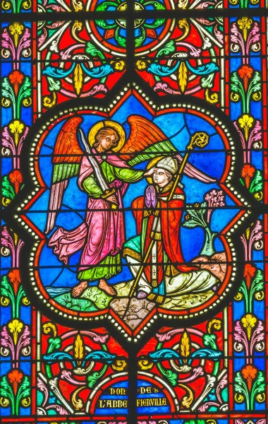 Colorful Archangel Michael Blessing Bishop Stained Glass Basilica Bayeux Cathedral — Stock Photo, Image