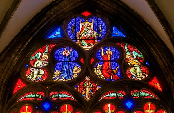 Colorful Angels Saints Praying Virgin Mary Stained Glass Basilica Bayeux — Stock Photo, Image