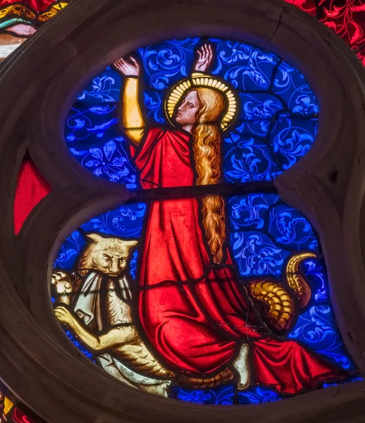 Colorful Red Saint Praying Mary Stained Glass Basilica Bayeux Cathedral — Fotografia de Stock