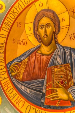 St. Augustine, Florida, ABD - 16 Mart 2021 Hz. İsa Fresco St Photios Yunan Ortodoks Ulusal Tapınağı Aziz Augustine Florida 1768 yılında ABD 'deki ilk Yunan yerleşimcilerine ithaf edilmiştir.