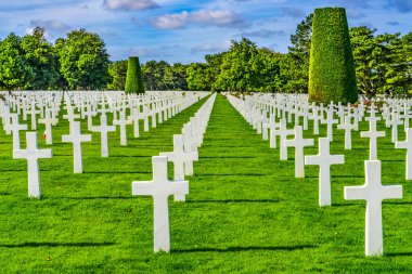 Beyaz Haçlar Yahudi Yıldız Amerikan Ordusu 2. Dünya Savaşı Mezarlığı Normandiya Fransa. 2. Dünya Savaşı sırasında Normandiya 'da ölen Amerikan askerlerinin mezarları