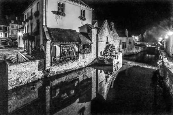Black White Old Buildings Mill Aure River Night Bayeux Center — Stockfoto