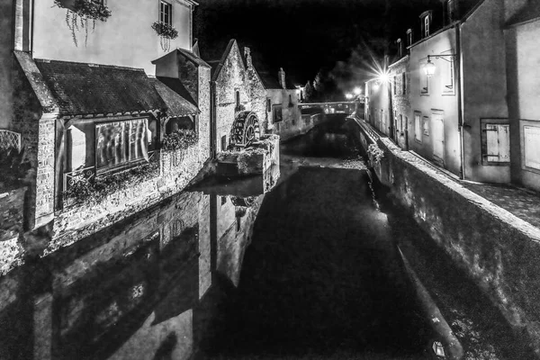 Black White Old Buildings Night Mill Aure River Reflection Bayeux — Stockfoto