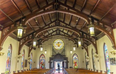 St. Augustine, Florida - 16 Mart 2021 Ulusal Mum Tapınağı Leche Süt Hanım Misyonu Nombre de Dios Tanrı 'nın adı Aziz Augustine Florida. Görev 1565 'te kuruldu. Muhtemelen en eski Amerikan misyonu Mary İsa' yı emziriyor.
