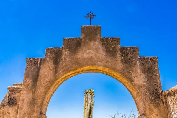 Garden Gate Cross Blooming Saguaro Cactus Missie San Xavier Del — Stockfoto