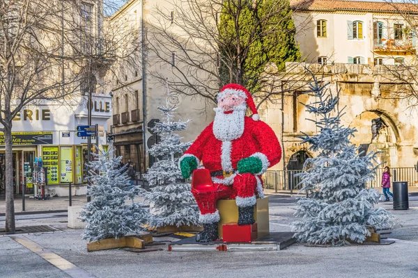 Nimes França Dezembro 2021 Decorações Natal Papai Noel Porta Romana — Fotografia de Stock