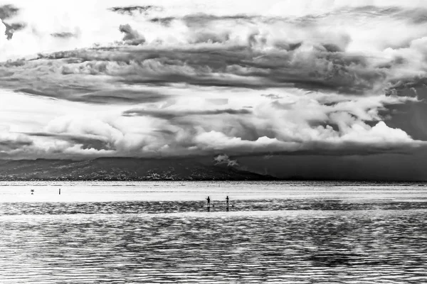 Black White Canoes Tahiti Island Rain Storm Coming Cloudscape Outer — Photo