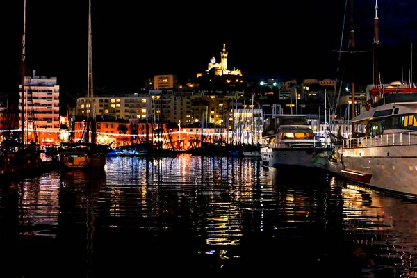 Kleurrijke Jachthaven Boten Waterfront Reflecties Night Stores Restaurants Kerk Marseille — Stockfoto