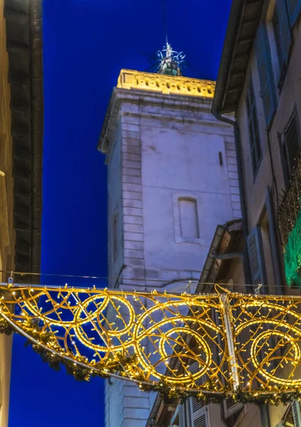 Kerstversiering Winkels Winkels Narrow Street Old Clock Tower Nimes Gard — Stockfoto