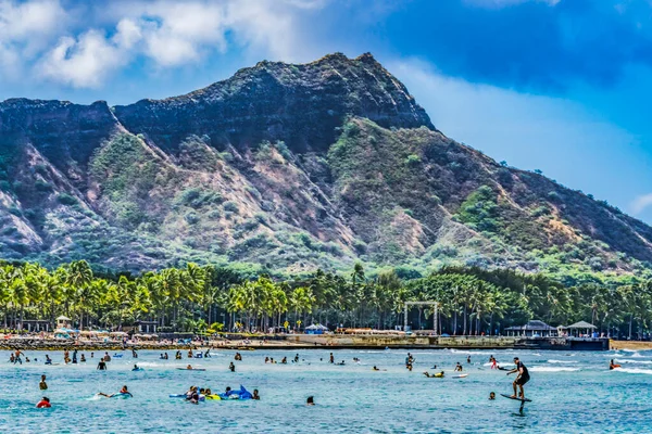 Renkli Waikiki Plajı Elmas Başlı Hidrofil Sörfçüleri Yüzücüler Otelleri Honolulu — Stok fotoğraf