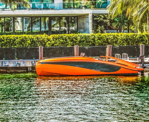 Colorful Orange Speedboat Flamingo Waterway Water Miami Beach Florida — Stock Photo, Image