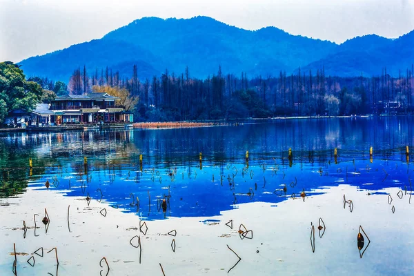 Blue Mountain Lotus Garden West Lake Hangzhou Reflexión Zhejiang China — Foto de Stock