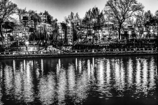 Black White Illuminated Grand Canal Buildings Night Lights Reflection Hangzhou — Stockfoto