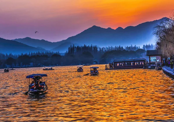 Boats Reflection Sunset Orange Reflection West Lake Hangzhou Reflection Zhejiang — Photo