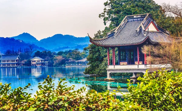 Old Chinese Pavilion Liu Zhuang West Lake Hangzhou Reflection Zhejiang — Stock Photo, Image