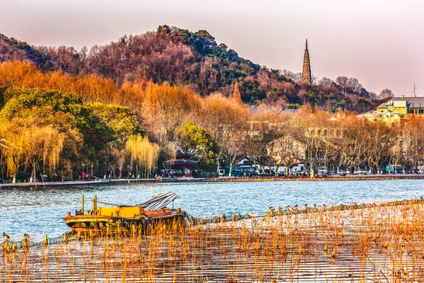 Ancient Baochu Pagoda Yellow Boat Reeds West Lake Hangzhou Zhejiang — Foto de Stock