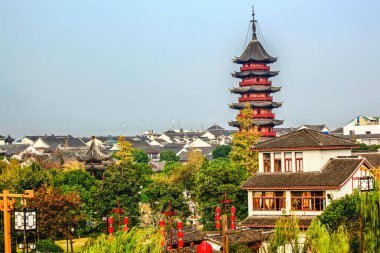 Antik Çin Ruigang Pagoda Kırmızı Fenerleri Suzhou Style Binaları Suzhou Jiangsu Çin Apartmanları