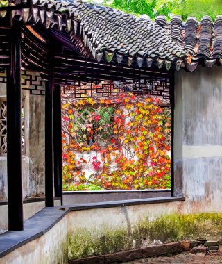 Corredor Pencere Düşüşü Antik Çin Bahçesi Mütevazı Yönetici Zhouzheng Yuan Suzhou 'dan ayrıldı, Jiangsu Çin Bahçesi 1500' lerde UNESCO sitesinde inşa edildi.