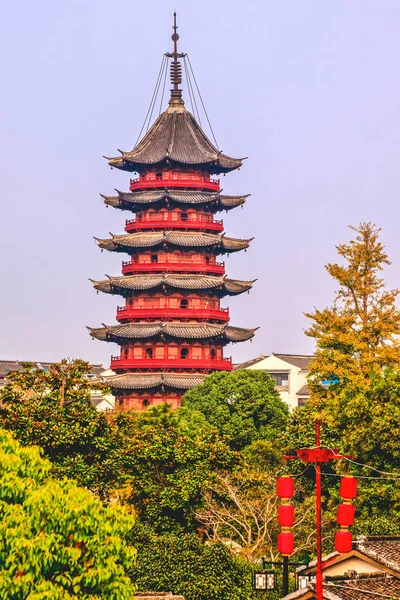 Colorful Ancient Chinese Ruigang Pagoda Built in 254 AD Red Lanterns Suzhou Jiangsu China