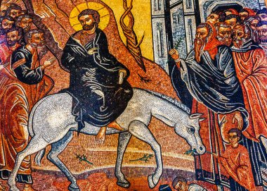 Madaba, Jordan - November 25, 2016 Jesus Christ Palm Sunday Donkey Mosaic Saint George Greek Orthodox Church Madaba Jordan Church created in late 1800s houses many famous mosaics