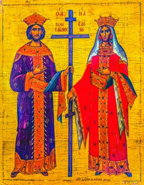 Madaba, Jordan - November 25, 2016 Emperor Constantine Queen Helena Golden Icon Saint George Greek Orthodox Church Madaba Jordan. Church was created in the late 1800s and houses many famous mosaics and icons