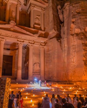 Treasury Illuminated Night Presentation Small Fires Petra Jordan Built by  Nabataens in 100 BC Petra at Night is special presentations for Tourists