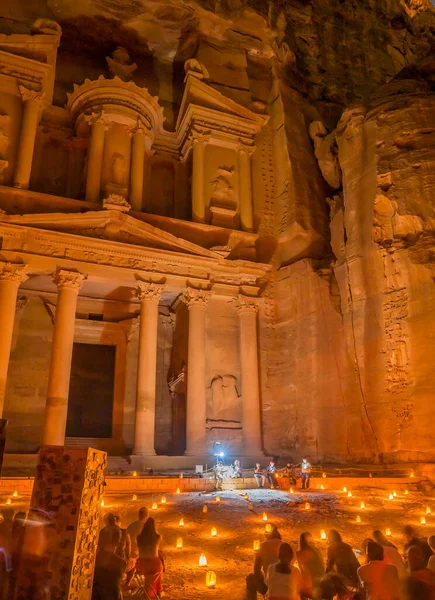 Treasury Illuminated Night Presentation Small Fires Petra Jordan Built Nabataens — Stock fotografie