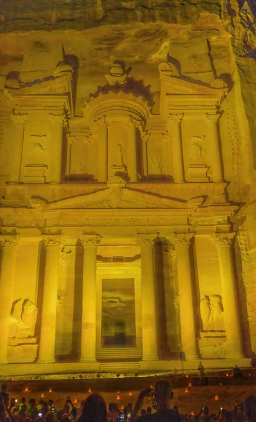 Yellow Treasury Illuminated Night Small Fires Petra Jordan Built Nabataens — Fotografia de Stock